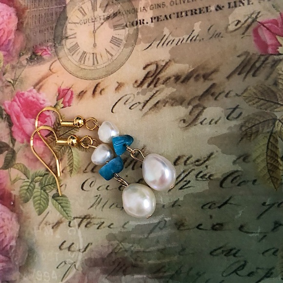 Natural turquoise & freshwater pearl 14k gold filled  drop earrings - Picture 3 of 5
